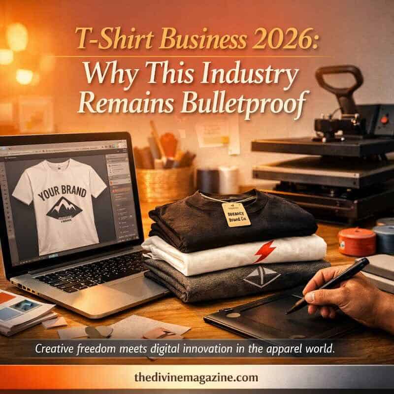 Modern t-shirt printing setup with branded apparel and design tools.