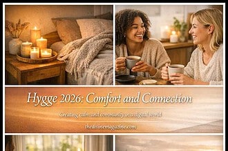Warm cozy scene with candles, books, and friends enjoying Hygge lifestyle.