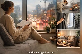 Woman relaxing at home during noisy weather with window view of cityscape.