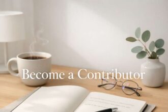 Modern Scandinavian writing desk with notebook and coffee cup – Become a Contributor