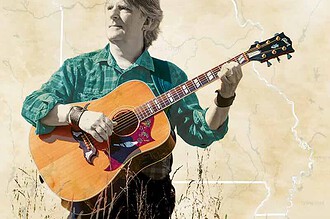 Todd Mosby playing guitar outdoors in a natural setting, promoting slow living and American heartlan.